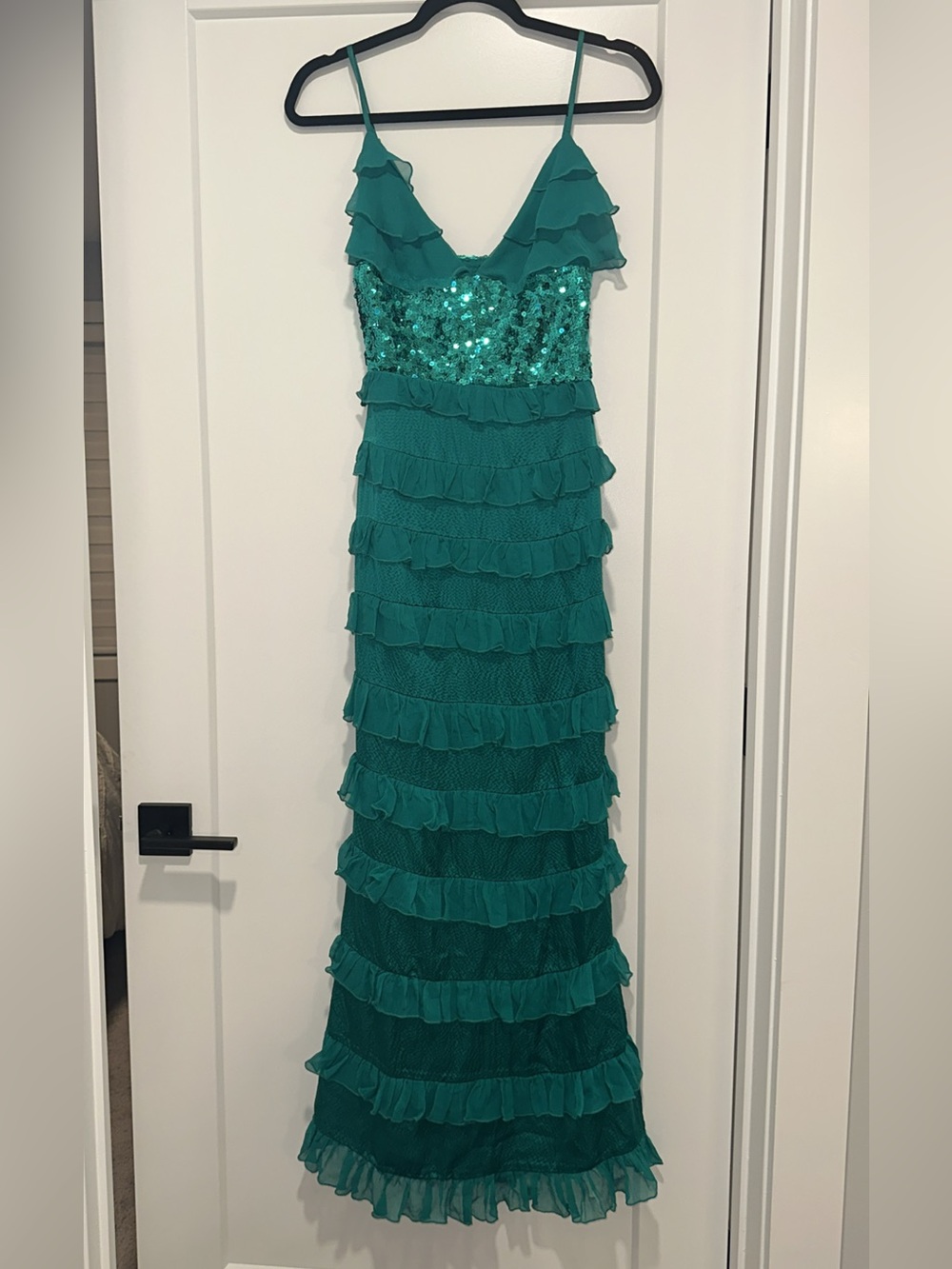 bebe Teal Sequin Ruffle Maxi Dress